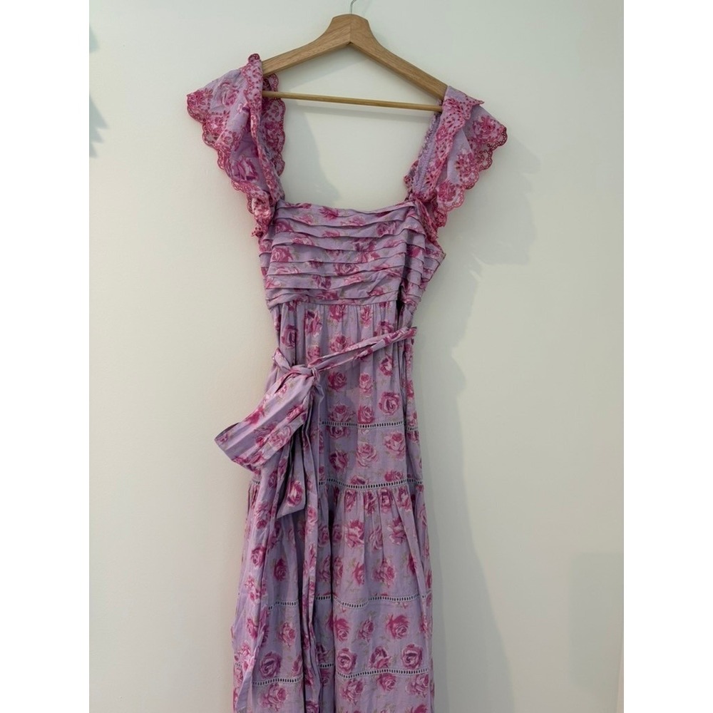 LoveShackFancy Harlyn Dress Cotton Eyelet Embroidery Pleated Bodice Rose Print 4 - Picture 6 of 9